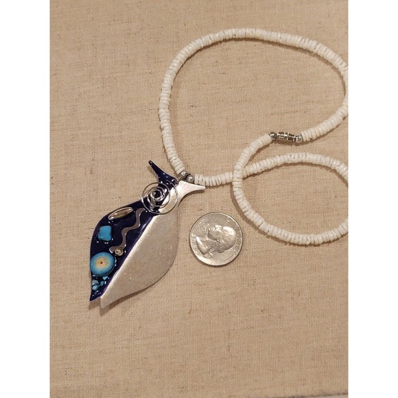 Vintage Enamel Fish Mix Media Pendant Puka Shell Necklace 16" Hawaiian Boho Surf - Picture 4 of 8